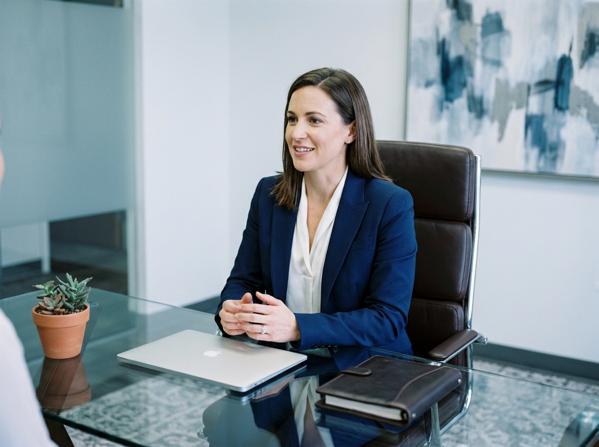 Dirigeante assise derrière un bureau en verre minimaliste dans un bureau d'entreprise épuré, symbolisant un style de management structuré et moderne