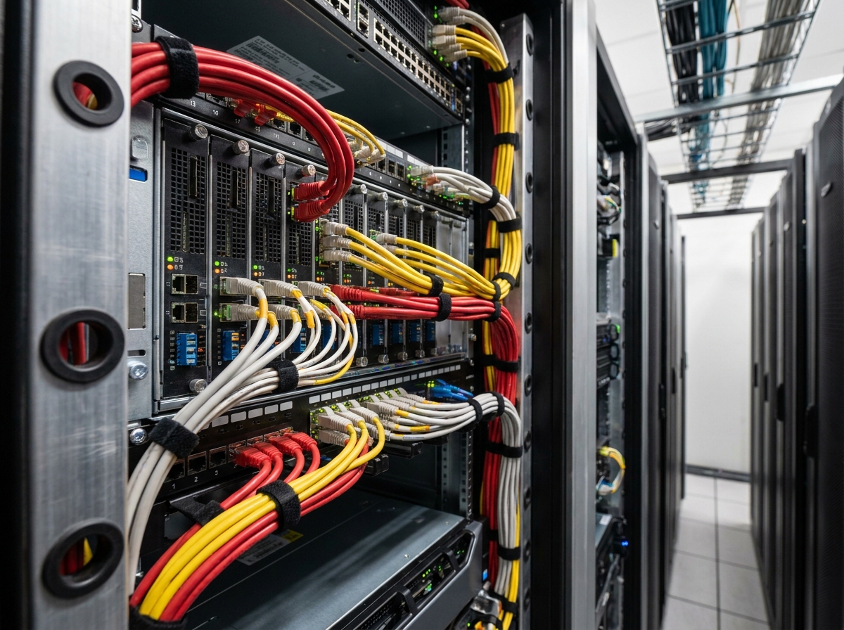 Gros plan sur des câbles réseau et des serveurs haute densité dans un rack de centre de données dédié à l'intelligence artificielle