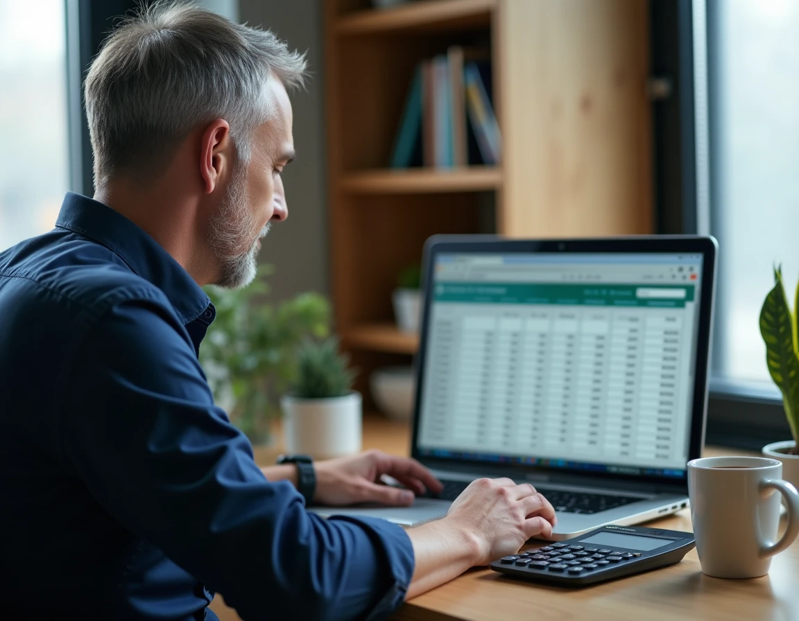 Homme en télétravail convertissant des heures en décimal sur un tableur avec calculatrice