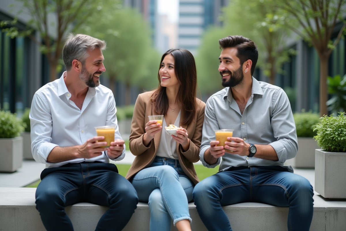 Camarades discutant et mangeant dans la cour d