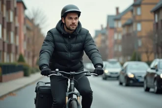 Chauffeur livreur Uber Eats à vélo dans une rue urbaine avec sac thermique, illustration d'un travail en complément de revenus CAF