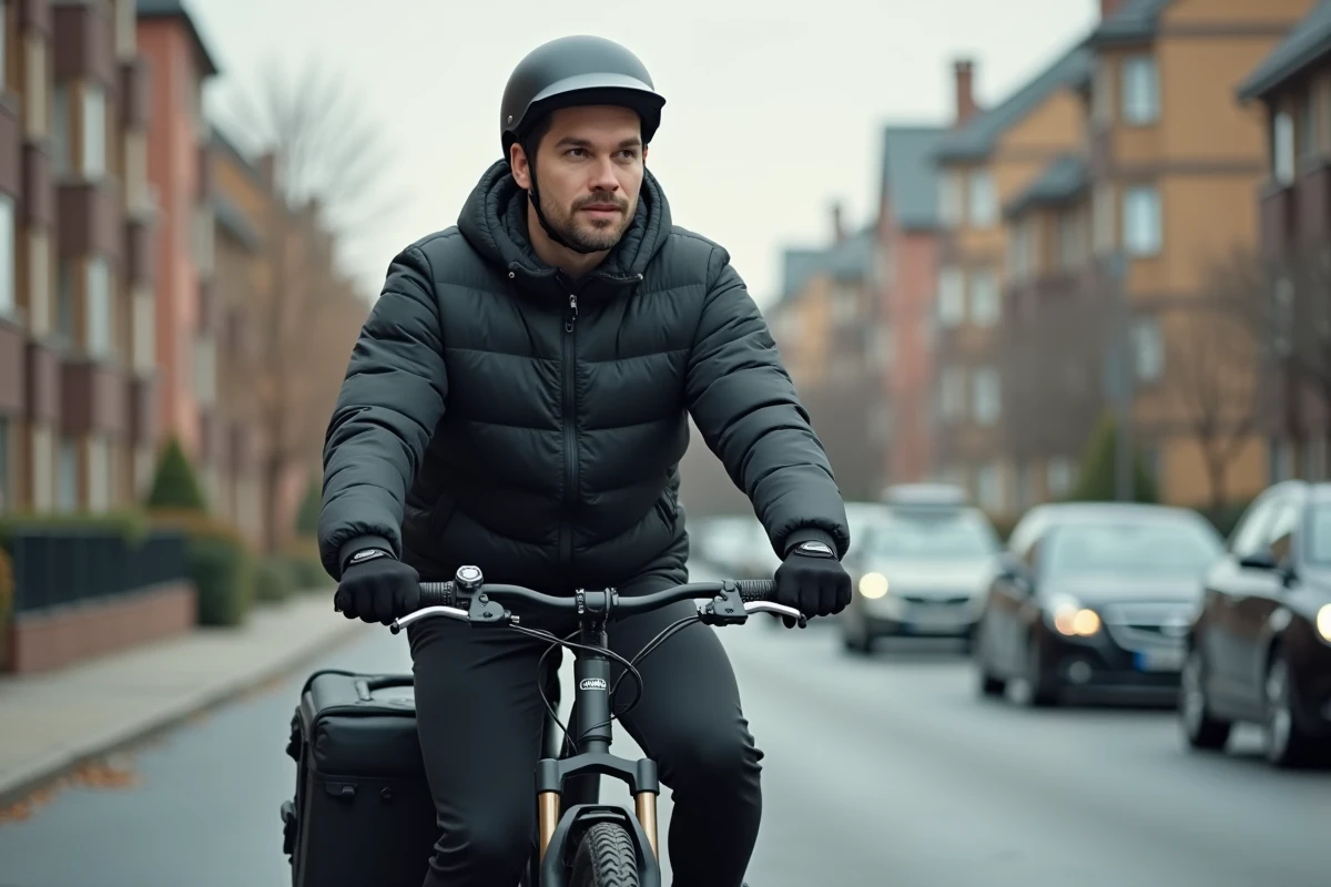 Chauffeur livreur Uber Eats à vélo dans une rue urbaine avec sac thermique, illustration d'un travail en complément de revenus CAF
