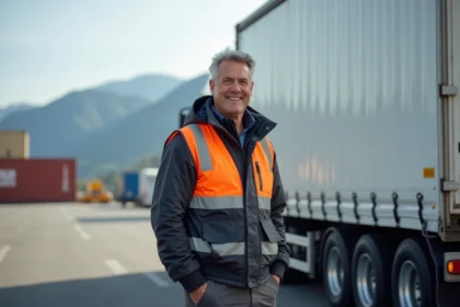 Conducteur de camion suisse debout à côté d'un poids lourd blanc