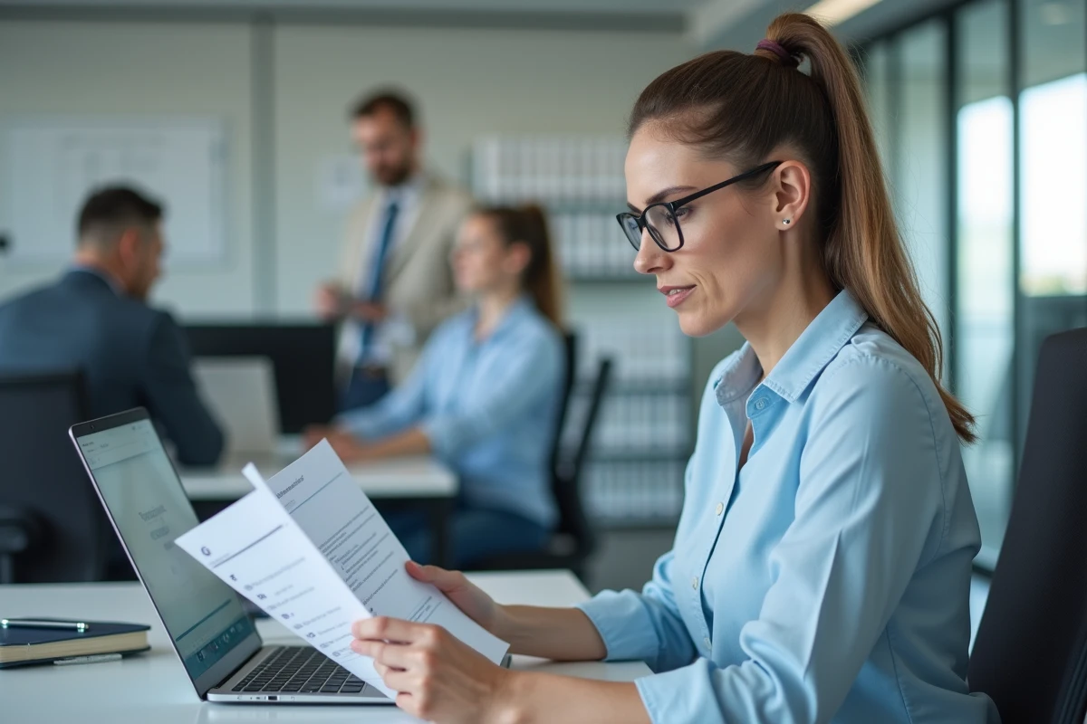 Employée municipale vérifiant une check-list de connexion au logiciel Berger-Levrault sur son poste de travail en open space
