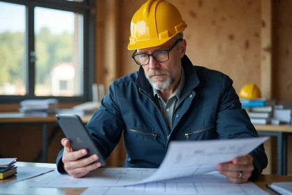 Chef de chantier en bureau examinant des plans de construction