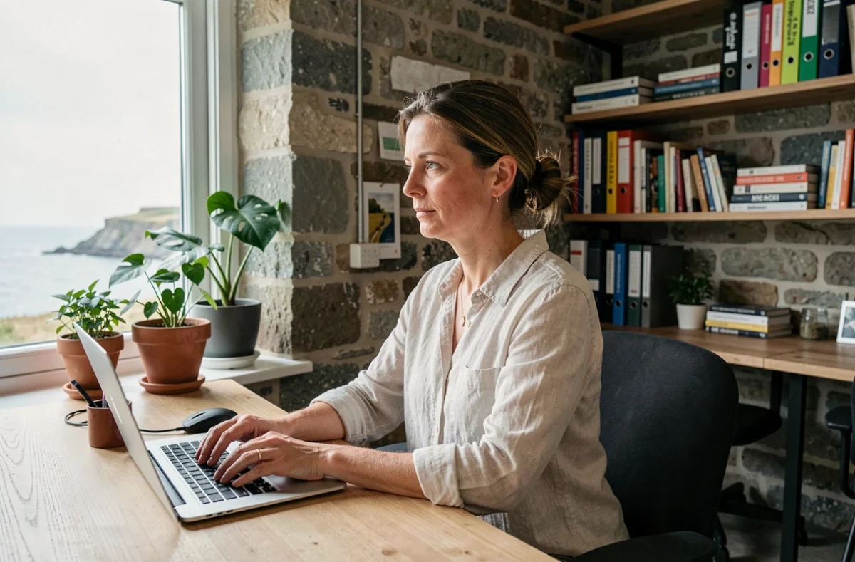 Espace de coworking Cocoleon à Carantec avec une femme travaillant près d'une fenêtre donnant sur la côte bretonne