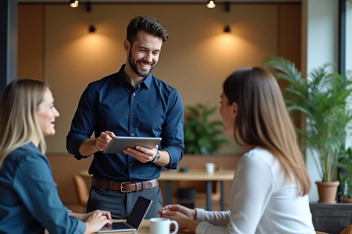 Jeune homme montrant des fonctionnalités d