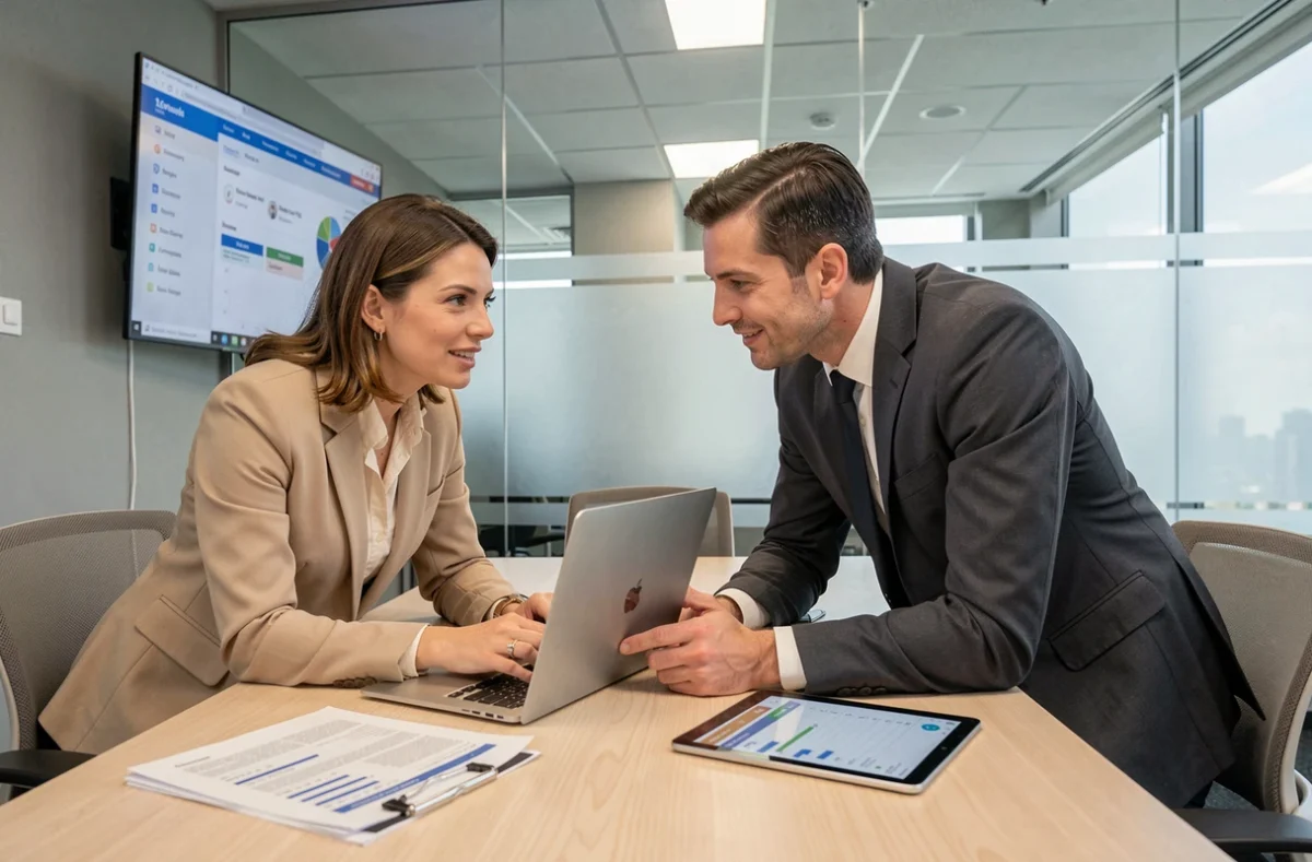 Deux professionnels collaborant autour d'un outil de comptabilité intégré à une GED et un CRM en salle de réunion
