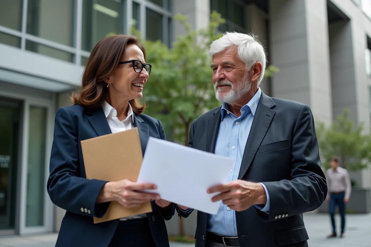Homme et femme discutant devant une banque moderne