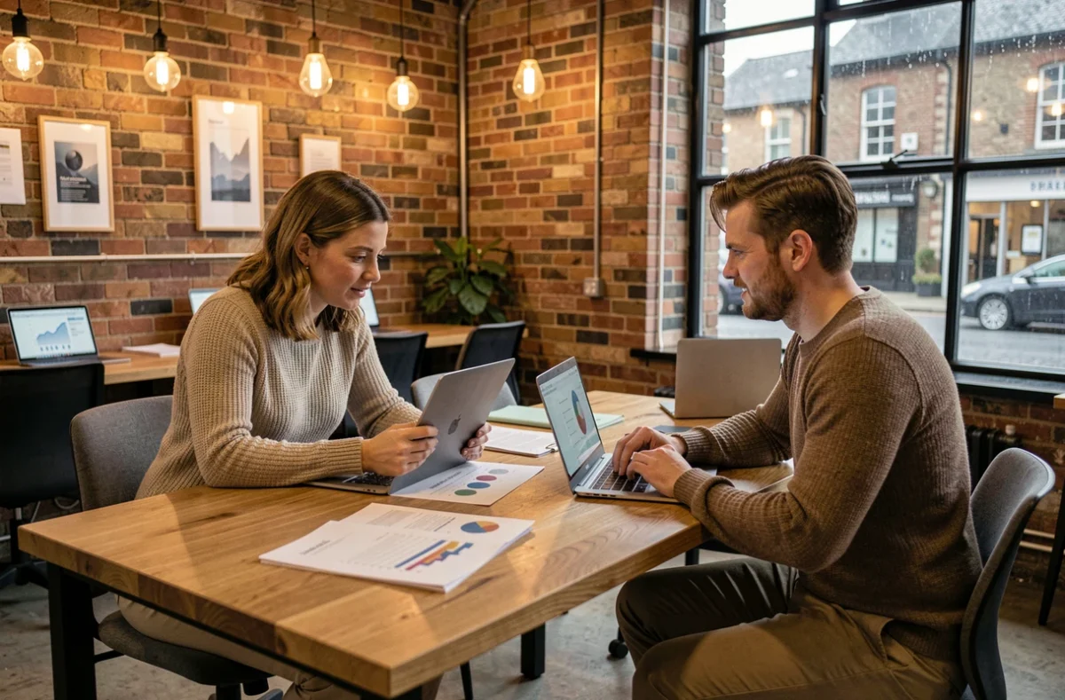 Deux collègues franco-irlandais collaborant dans un espace de coworking à Cork, illustrant une intégration professionnelle réussie à l'étranger