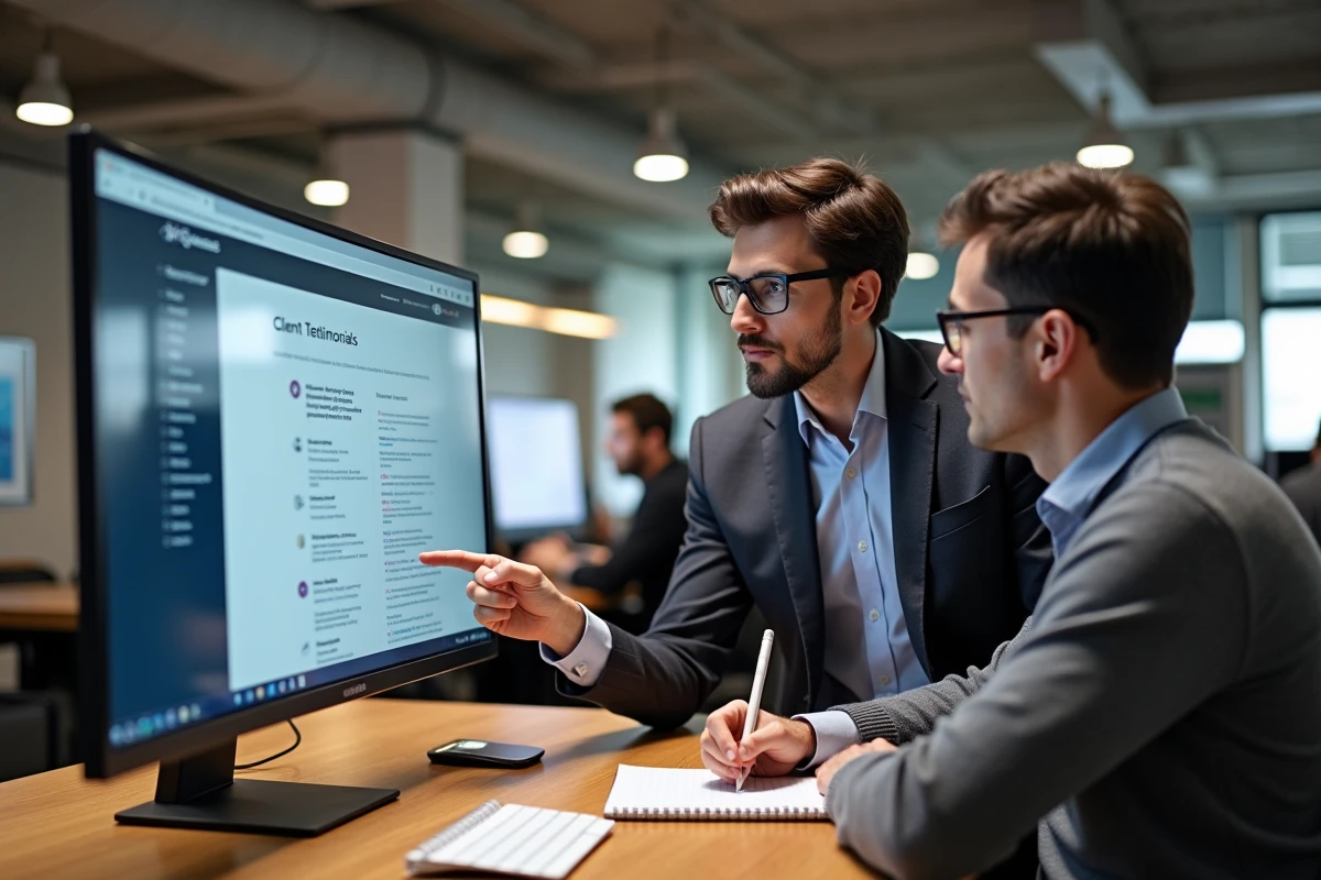 Deux professionnels collaborant devant un écran affichant un site vitrine SaaS avec des témoignages clients, dans un espace de co-working moderne