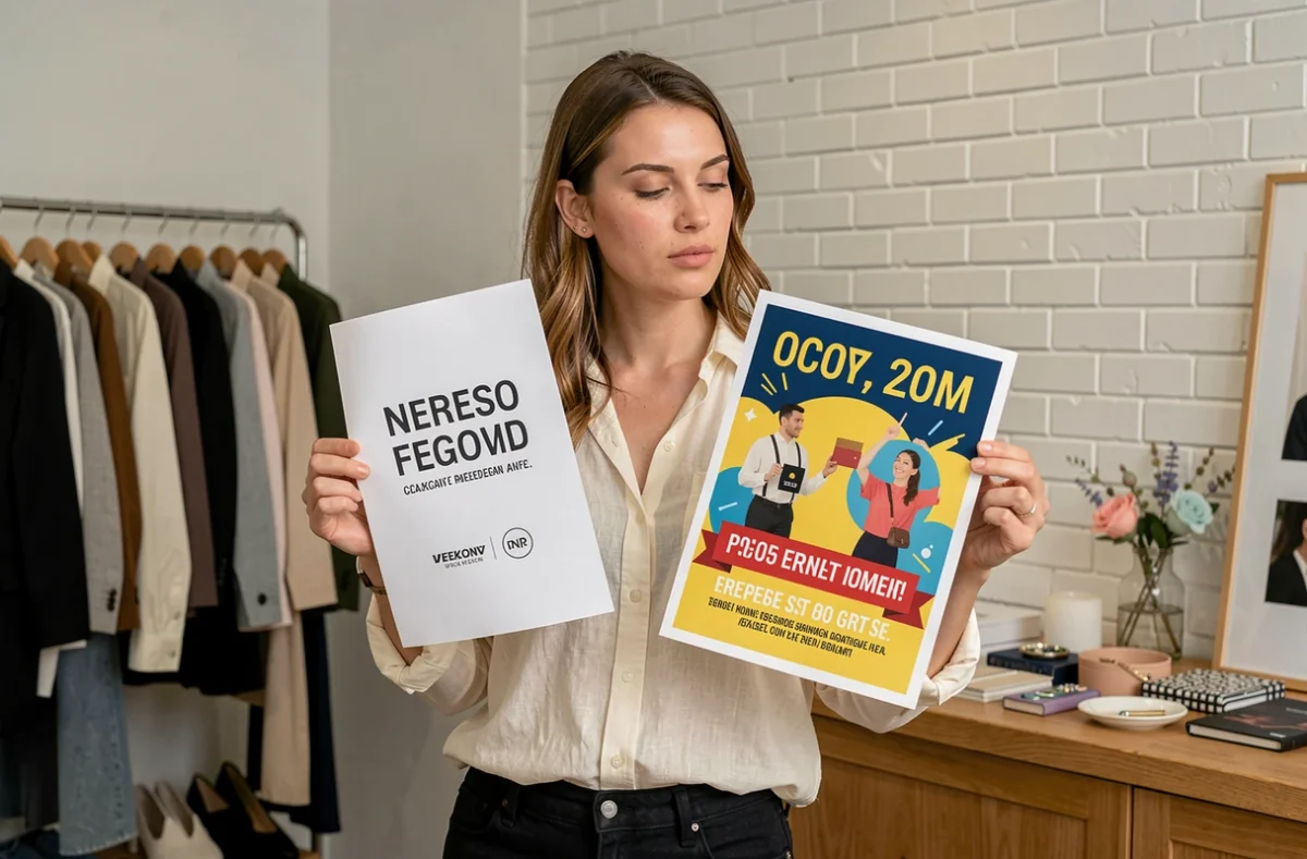 Propriétaire de boutique comparant une affiche de prix en noir et blanc et une affiche en couleur dans son magasin
