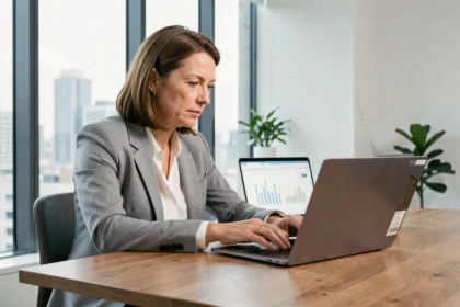 Femme professionnelle comparant deux logiciels de gestion de projet sur deux écrans d'ordinateur dans un bureau moderne