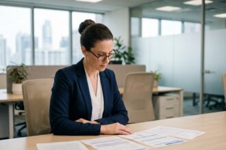 Professionnelle comparant des offres de RC pro sur des documents imprimés dans un bureau moderne