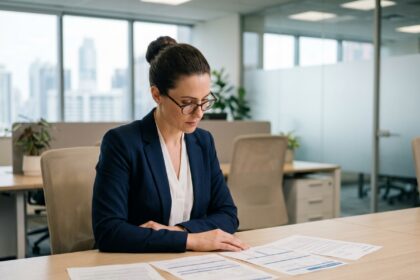 Professionnelle comparant des offres de RC pro sur des documents imprimés dans un bureau moderne