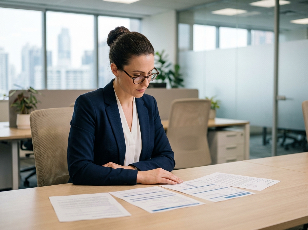 Professionnelle comparant des offres de RC pro sur des documents imprimés dans un bureau moderne