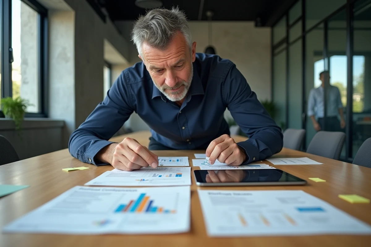 Entrepreneur comparant les plans tarifaires d'outils d'intelligence artificielle dans une salle de réunion