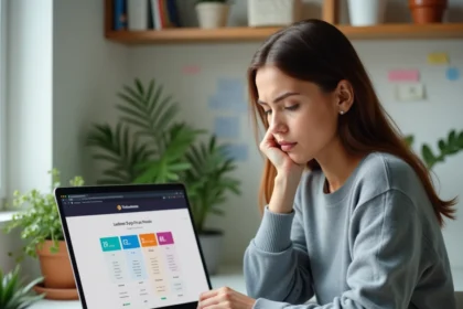 Femme comparant les prix d'abonnement à des outils IA sur un ordinateur portable dans un bureau à domicile moderne