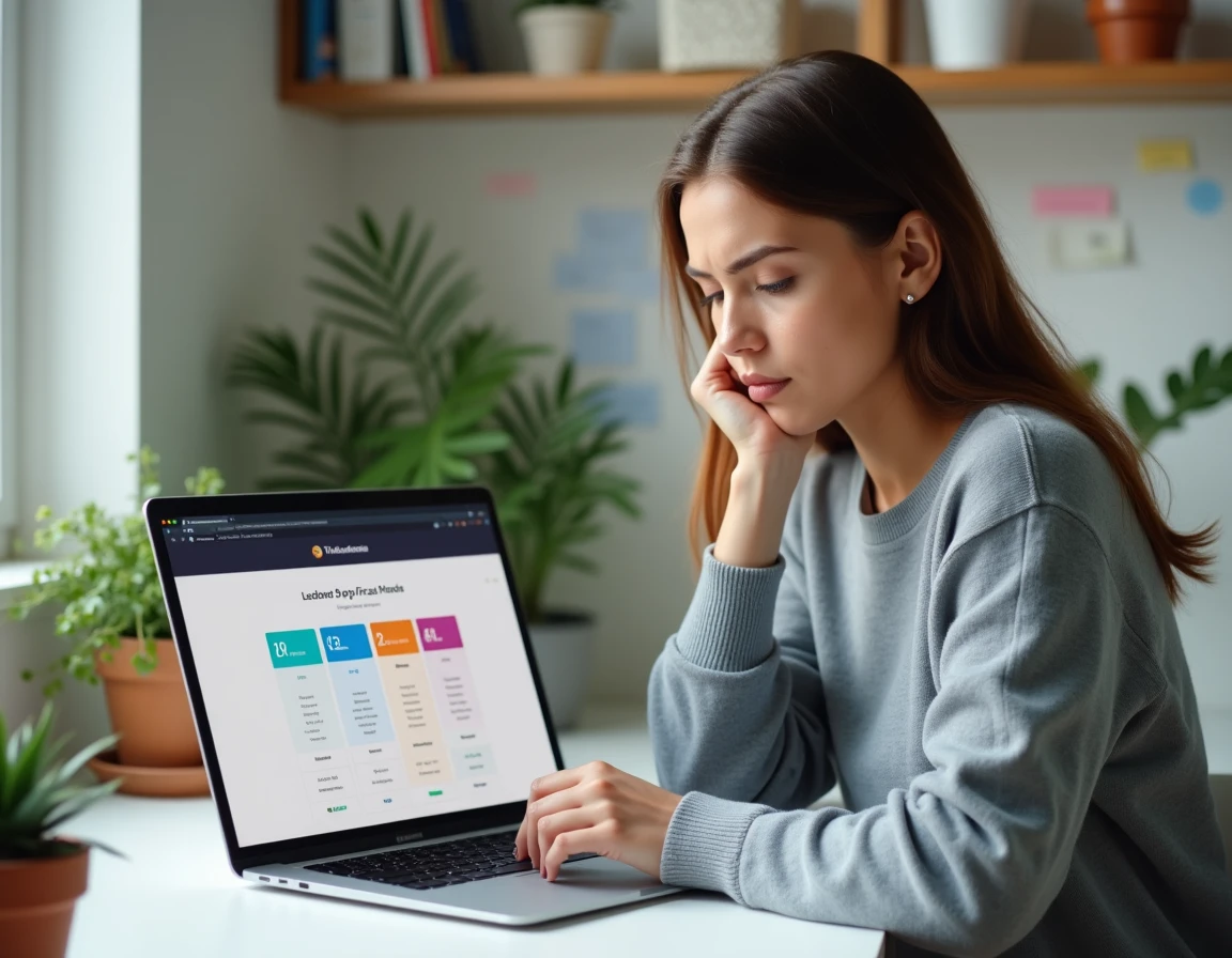 Femme comparant les prix d'abonnement à des outils IA sur un ordinateur portable dans un bureau à domicile moderne