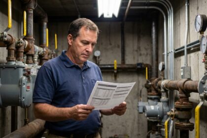 Responsable technique comparant les tarifs de gaz professionnel devant des compteurs industriels dans une salle des équipements