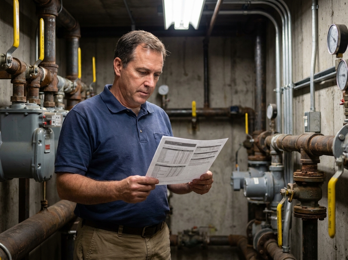 Responsable technique comparant les tarifs de gaz professionnel devant des compteurs industriels dans une salle des équipements