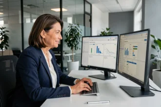 Femme cadre utilisant un logiciel de comptabilité intégré à un CRM et une GED sur double écran dans un bureau moderne