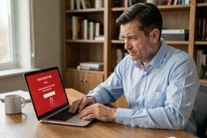 Homme frustré face à un message d'erreur de connexion sur son ordinateur portable, compte Nibelis bloqué