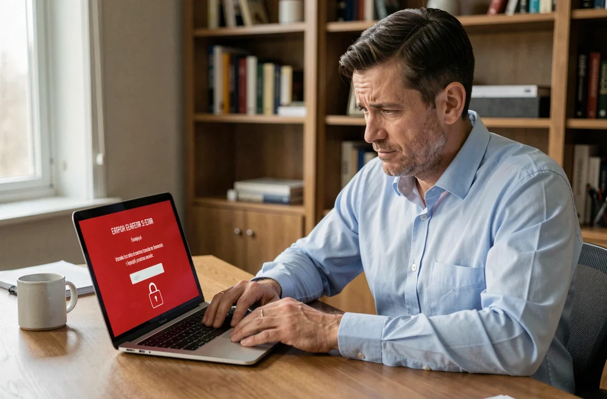 Homme frustré face à un message d'erreur de connexion sur son ordinateur portable, compte Nibelis bloqué