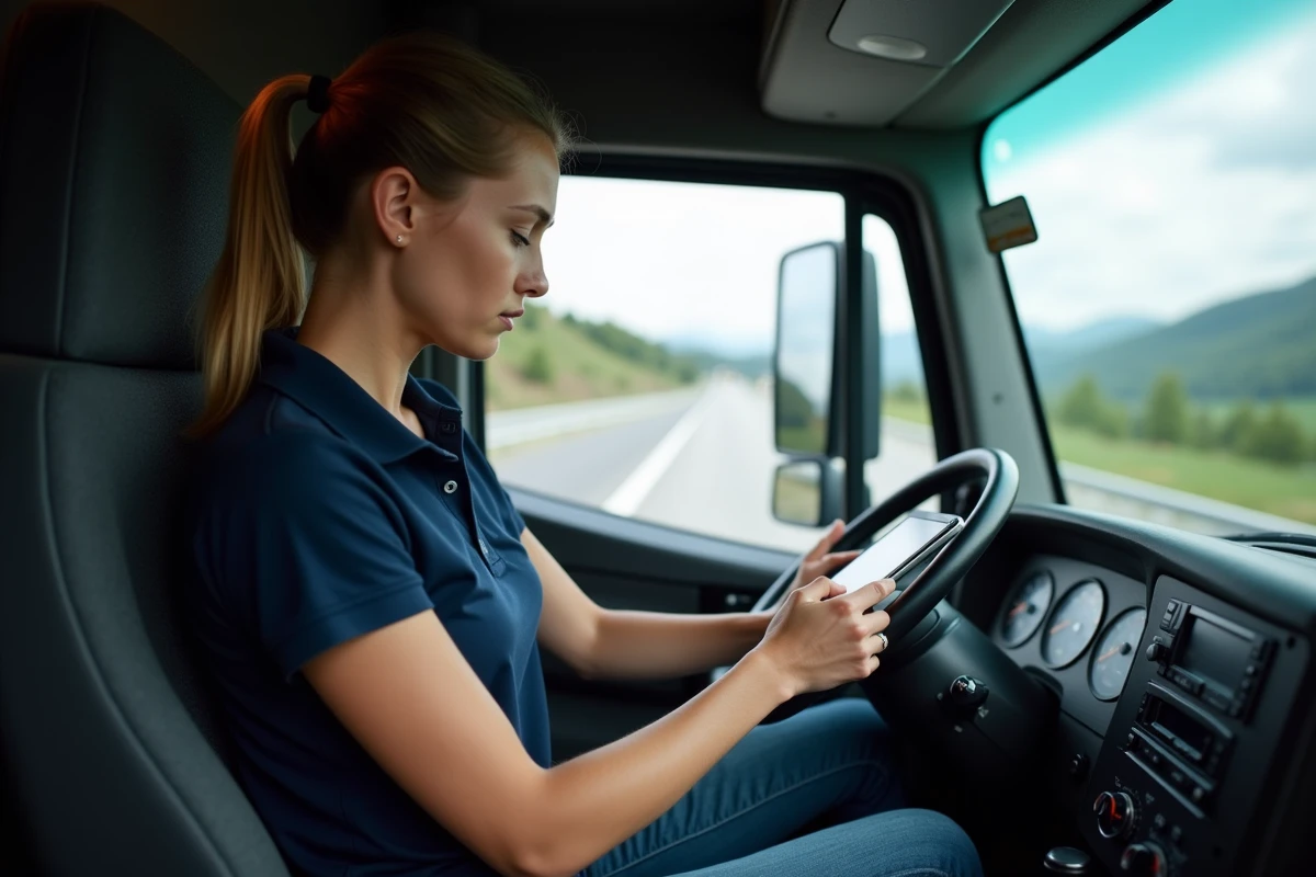 Jeune conductrice suisse regardant une tablette dans la cabine du camion