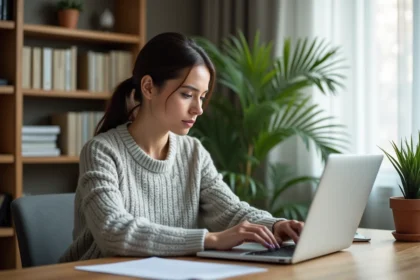 Femme connectée à IntraParis depuis son bureau à domicile sur un ordinateur portable