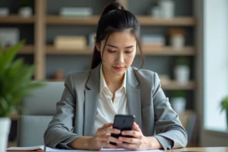 Femme se connectant en toute sécurité à son espace CSE Chronopost depuis son smartphone au bureau