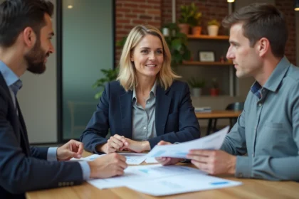 Consultante en conseil stratégique présentant des recommandations à deux dirigeants de TPE-PME autour d'une table de réunion moderne