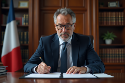Avocat en costume dans un bureau élégant avec drapeau français