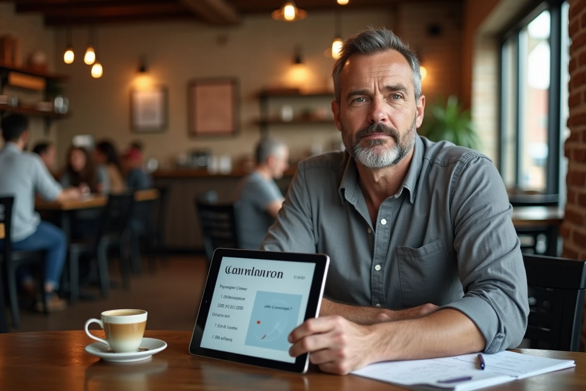 Consultant Chogan évaluant ses revenus potentiels sur une tablette dans un café urbain