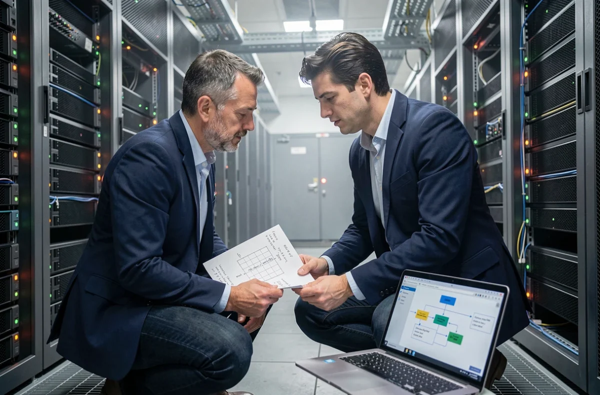 Consultant IT examinant une grille d'architecture de services numériques dans un centre de données, symbolisant la redéfinition des services par la digitalisation