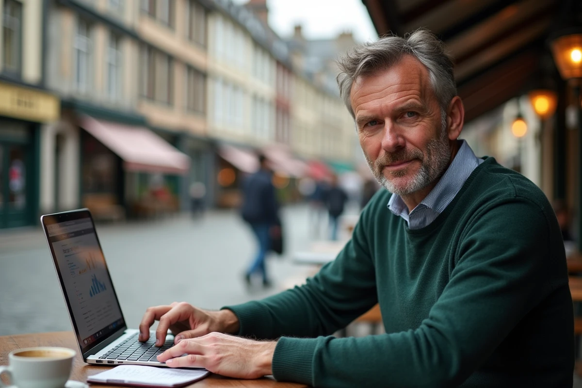 Consultant SEO indépendant à Rennes travaillant en terrasse de café avec vue sur les bâtiments à colombages de la Place Sainte-Anne