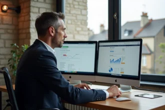 Consultant SEO Rennes Cédric Guérin analysant des données de référencement naturel sur deux écrans dans un bureau breton au style contemporain