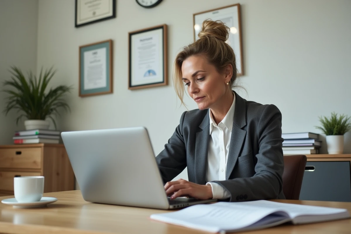 Consultante analysant un rapport stratégique sur ordinateur dans le bureau d'une petite entreprise cliente