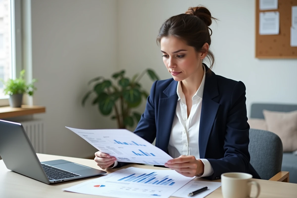 Consultante Chogan analysant ses gains potentiels sur des feuilles de calcul à son bureau à domicile