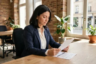 Consultante indépendante en portage salarial examinant un contrat dans un espace de coworking à Albi