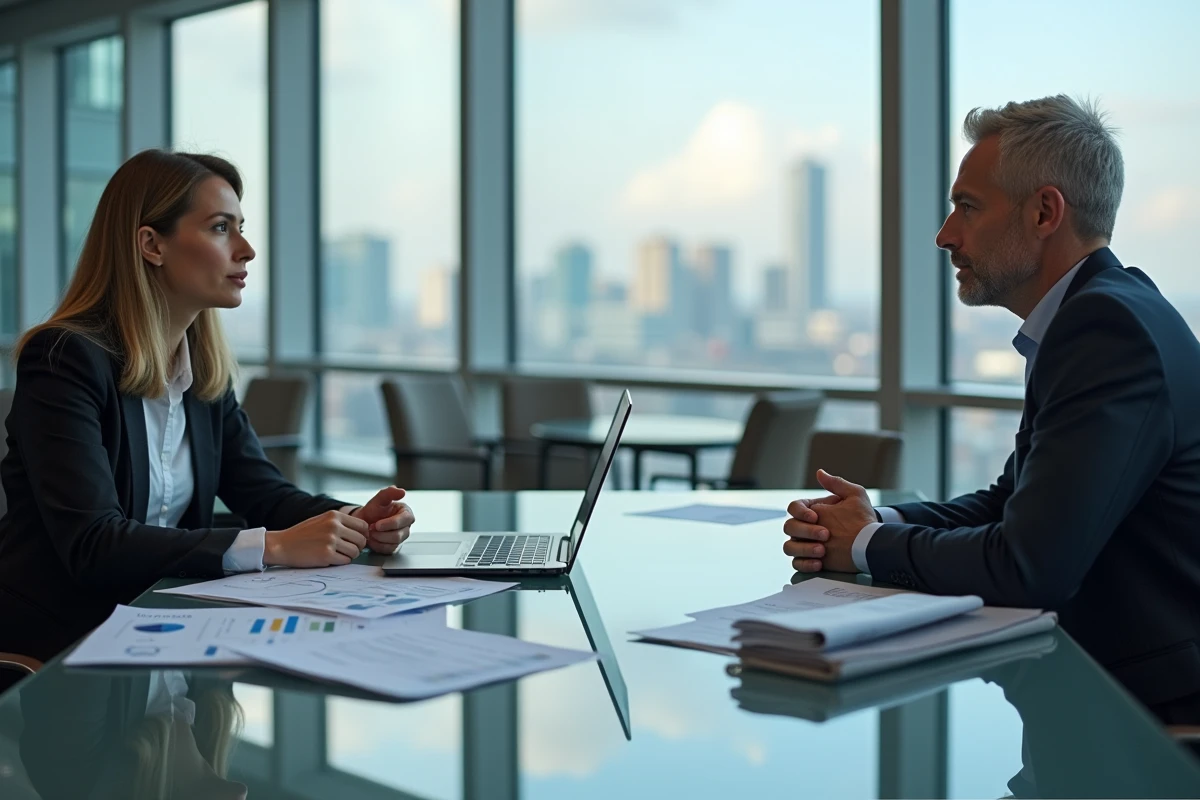 Deux consultants Chogan discutant des projections de gains et de la structure des commissions en réunion