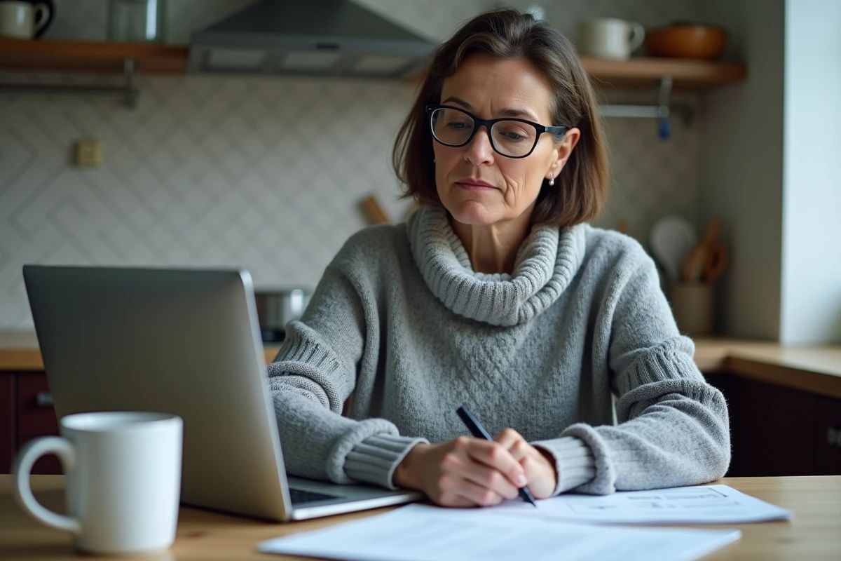 Femme consultant un portail gouvernemental en ligne tout en vérifiant un guide papier dans sa cuisine