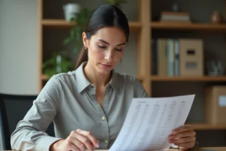 Femme au bureau consultant une feuille de calcul des heures de travail en minutes et en décimal