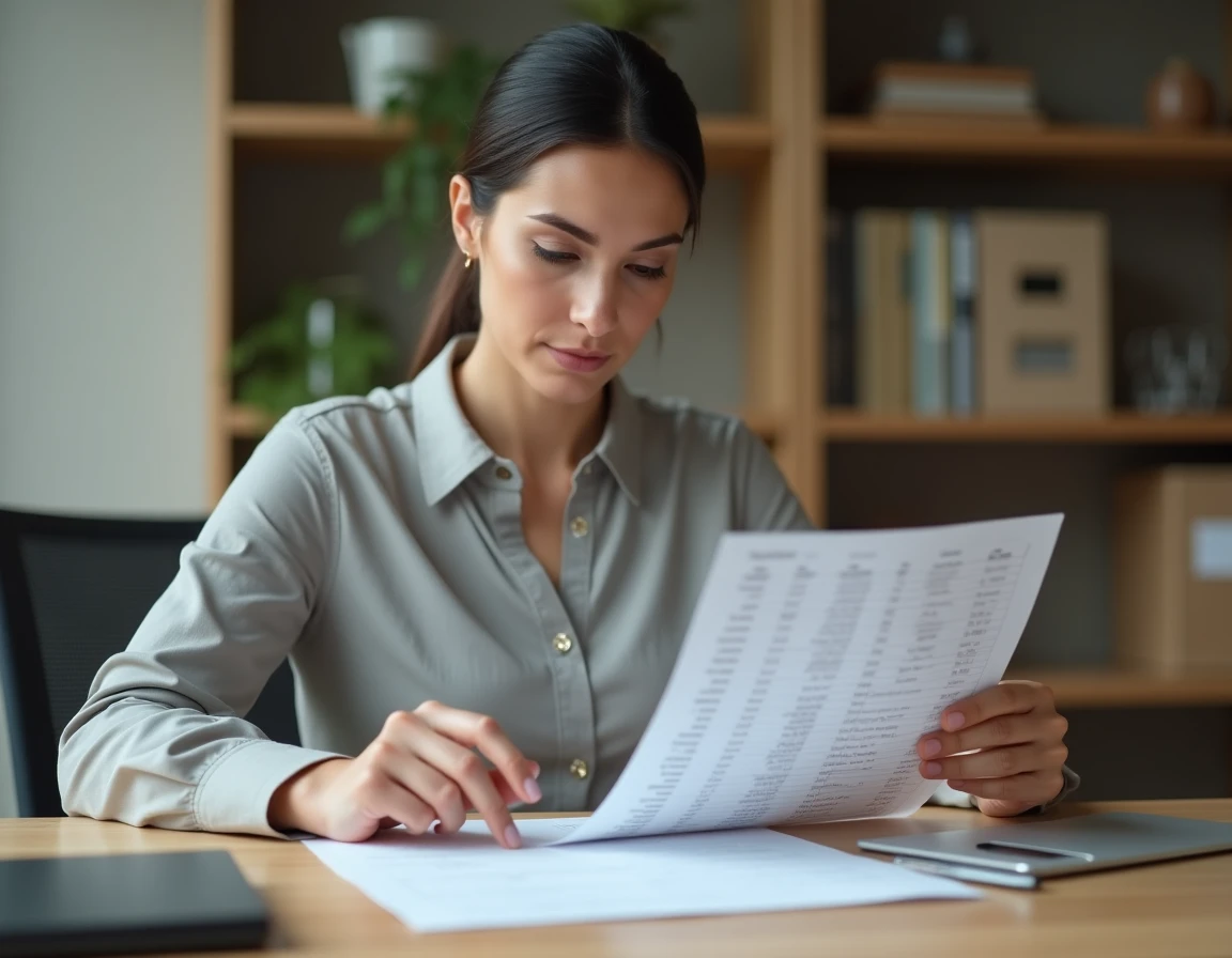 Femme au bureau consultant une feuille de calcul des heures de travail en minutes et en décimal