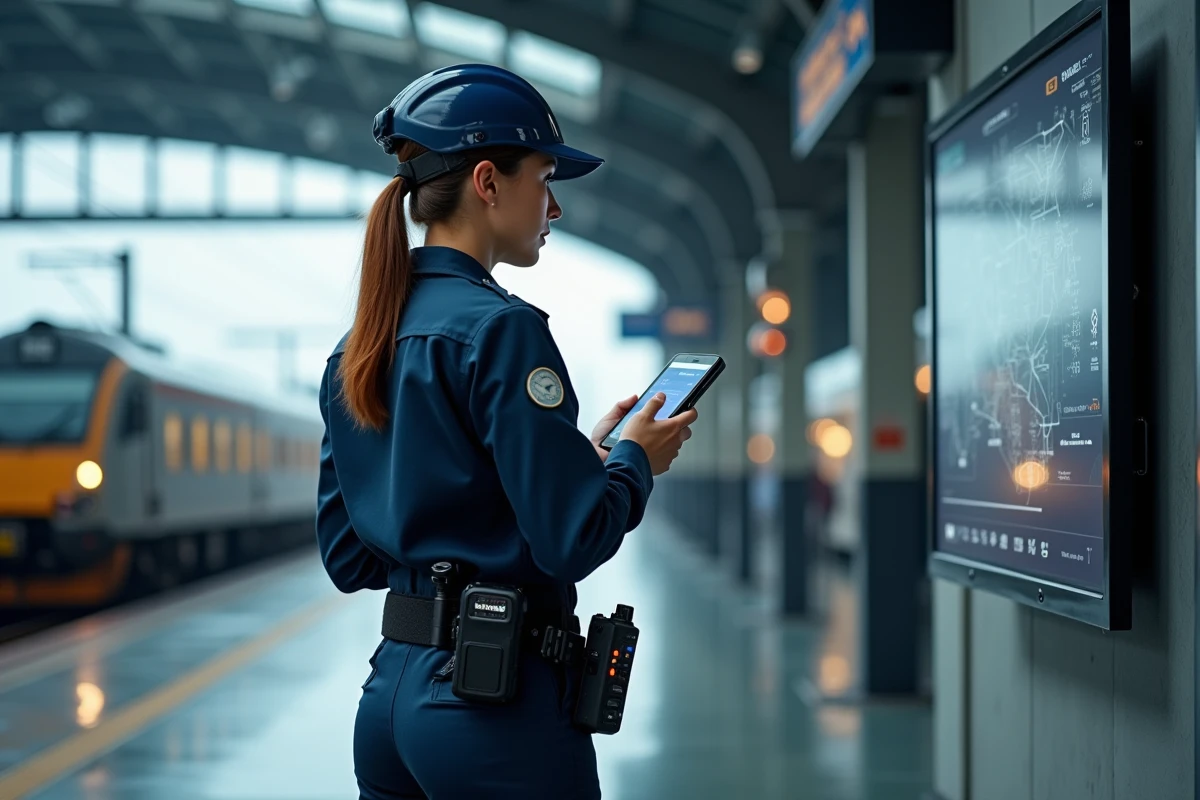 Coordinatrice logistique en uniforme opérant un système de communication tactique dans un hub ferroviaire