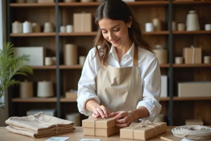 Créatrice Etsy emballant une boite cadeau artisanale en papier kraft dans son atelier home studio