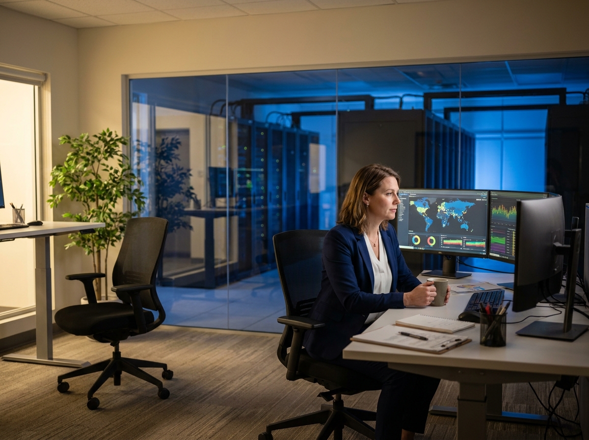 Data scientist analysant des tableaux de bord d'intelligence artificielle dans une salle de contrôle donnant sur un centre de données