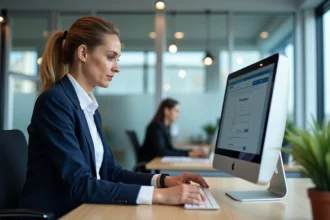 Employée déclarant ses congés sur le portail IntraParis depuis son bureau en open space