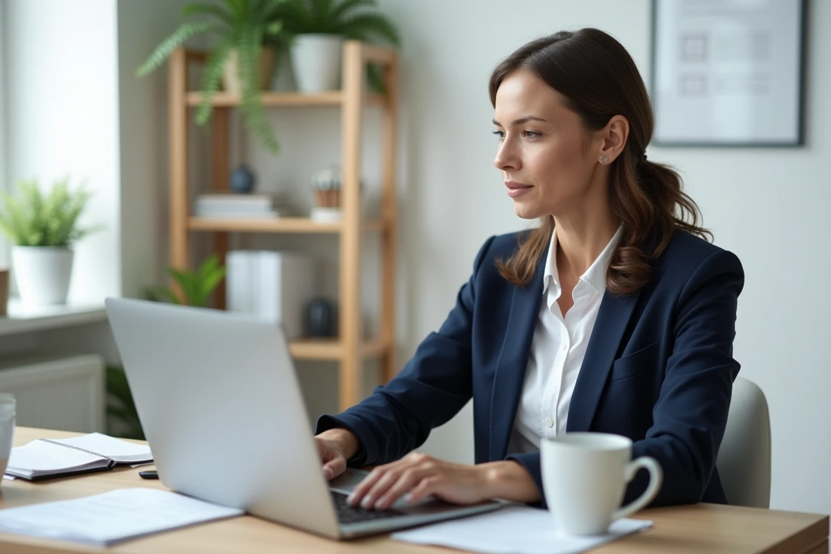 Femme utilisant un portail administratif en ligne sur son ordinateur portable dans un bureau à domicile bien organisé