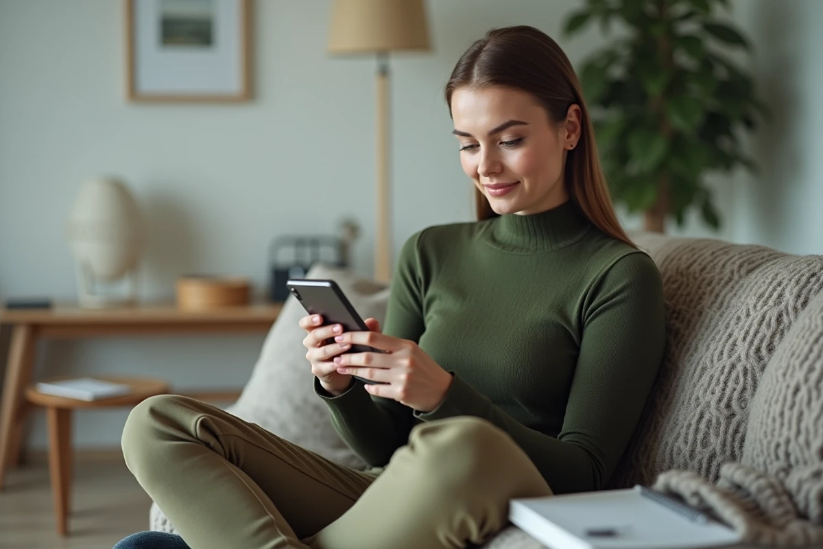 Jeune femme effectuant ses démarches administratives en ligne via smartphone dans un salon minimaliste